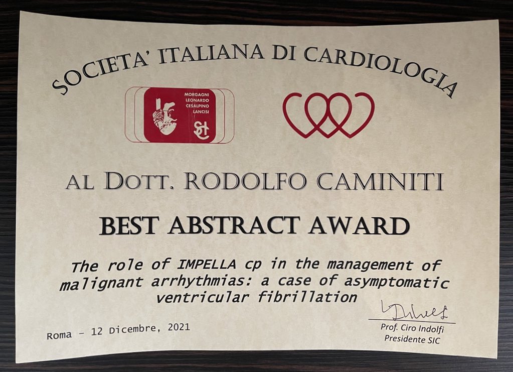 RodolfoCaminiti's tweet photo. Our work on "THE ROLE OF IMPELLA CP IN THE MANAGEMENT OF MALIGNANT ARRHYTHMIAS: A CASE OF ASYMPTOMATIC VENTRICULAR FIBRILLATION" awarded as best abstract at the 82nd National Congress of the @SIC_CARDIOLOGIA. #SIC #SIC2021 #icot @giampieroviz @CreaPasquale @micari_antonio https://t.co/gUTupnlR7h