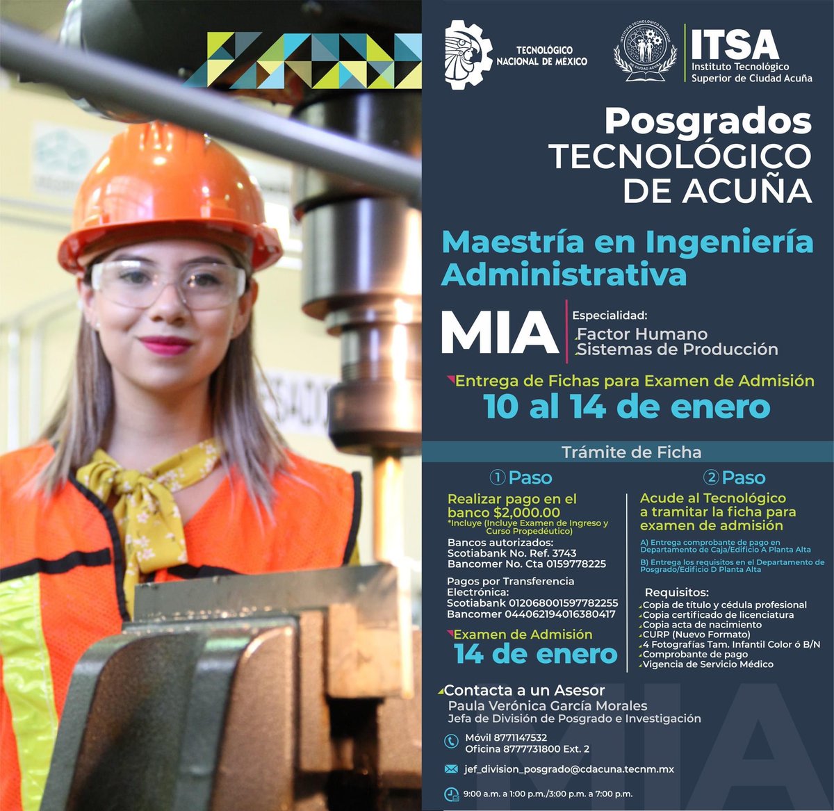 Admisiones 2022: Posgrado
MIA: Maestría en Ingeniería Administrativa 
Especialidades:
- Sistemas de Producción
- Factor Humano
Consulta los Programas y Proceso de Admisión en el siguiente enlace: tecnologicodeacuna.edu.mx/posgrado/posgr… #SoyTecNM