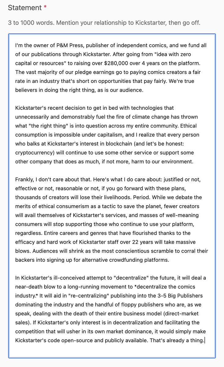 My statement to <a href="/Kickstarter/">Kickstarter</a> regarding their eventual pivot to the blockchain: