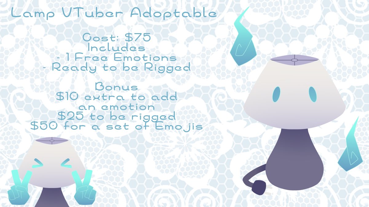 BadEnd404's tweet photo. Vtuber Lamp friend! Here is a Poltergeist that is now stuck in a lamp!

The model is ready to be rigged!
We will rig the model for you for an extra $25 as well! All details in promo below!

-Miyu

#Vtuber #adoptables #adoptable #adoptme #Live2D https://t.co/pkgr9eculZ
