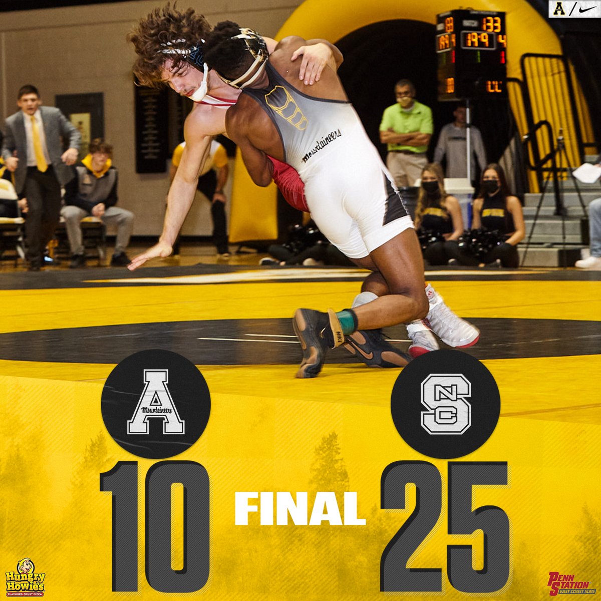 AppWrestling's tweet photo. Final: #5 NC State 25, App State 10
Mountaineers took 3 of first 6 matches
— 133: Sean Carter (SV-1 win vs. returning NCAA qualifier)
— 149: Jonathan Millner (major decision)
— 165: Will Formato (6-1 dec. vs. #15 Bullard)
#ReAchTheSummit https://t.co/Ua12JysPjV