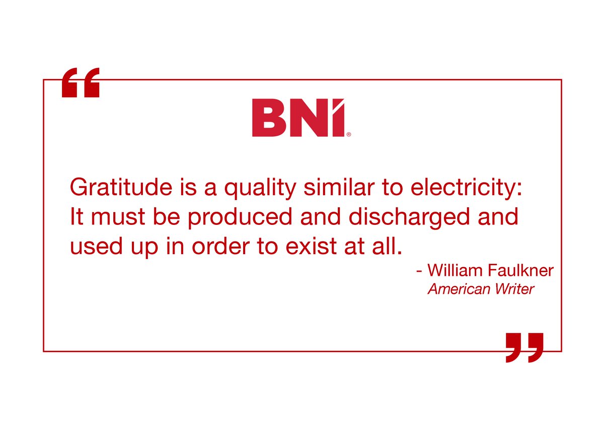 BNI_Japan's tweet photo. 「感謝は、電気に似た性質を持っています。存在するためには、生成され、放出され、使い果たされなければなりません」
アメリカ文学の巨匠フォークナーは、感謝することを電気に例えました。
感謝の気持は使いすぎてなくなることはありません。
#WhyBNI #ReferralsWork #BNIJapan https://t.co/lEOKErd3Ms