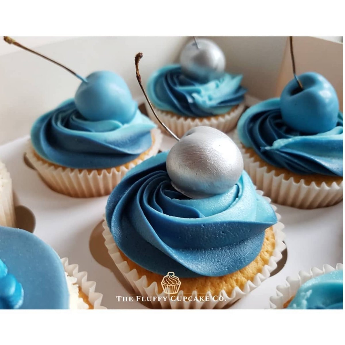 Blue & Silver theme cupcakes...we love a good combo! #thefluffycupcakeco #cherries #blueandsilver #sponge #tasty bakes #essexbaker #londonbaker