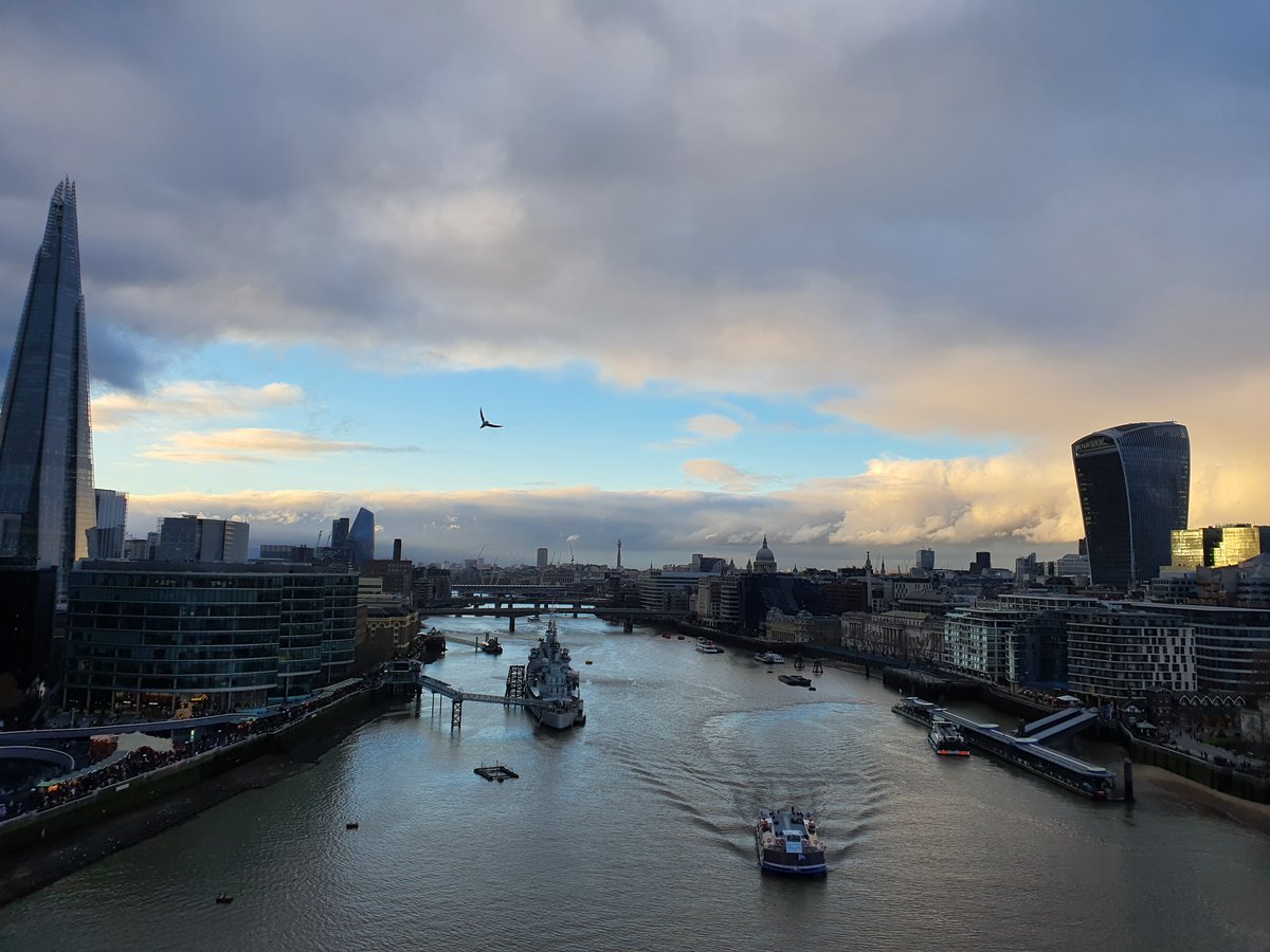 50Diary2020's tweet photo. I snapped this picture of #London today from a very beautiful bridge. I could entitle it 'Bird, Boat, and Buildings.' #mytowerbridge https://t.co/yJ2Oq5x4RK