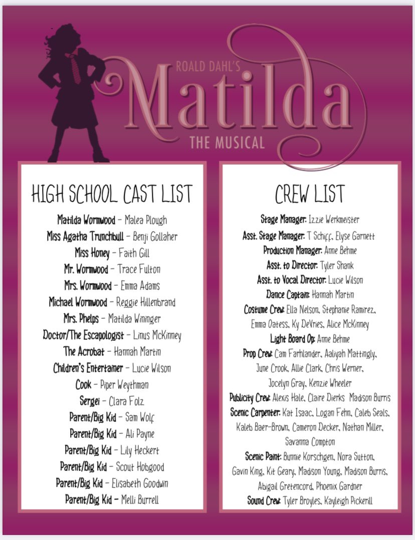 Our first edition of the Matilda company list is out! We are looking forward to adding some middle school friends next week to start rehearsals in January!