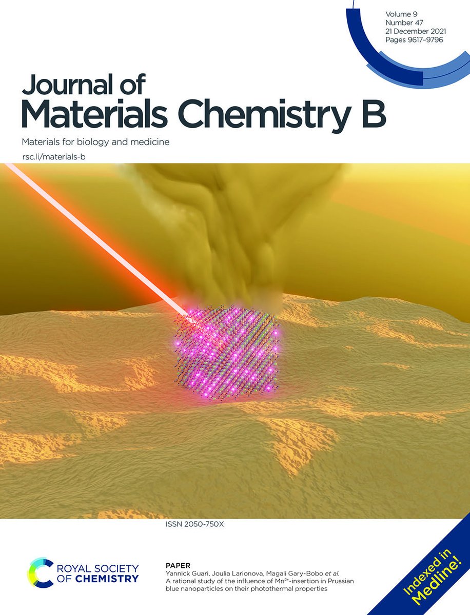 Issue 47 for @JMaterChem B is out now! Check out the inside front cover: A rational study of the influence of Mn2+-insertion in Prussian blue nanoparticles on their photothermal properties by Yannick Guari, Joulia Larionova, Magali Gary-Bobo and colleagues
pubs.rsc.org/en/content/art…