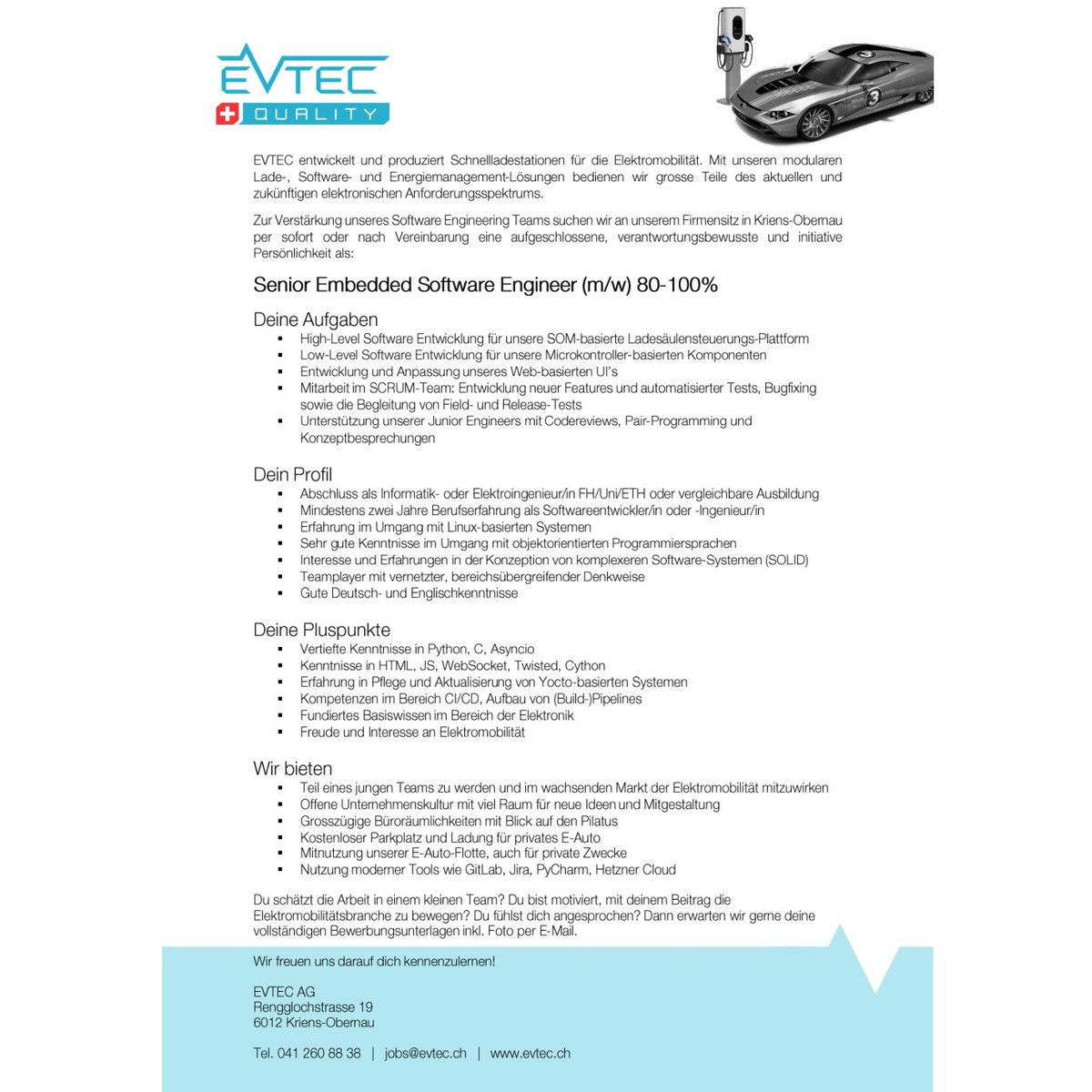 EVTECfastcharge's tweet image. 🚗🔌❤️ Lust in einem innovativen &amp;amp; zukunftsorientierten Unternehmen zu arbeiten? Wir suchen motivierte Teammitglieder:
- Senior Embedded Software Engineer
- Junior Embedded Software Engineer
- Software Developer
- Informatiker/in
- Elektroingenieur/in
evtec.ch/stellen