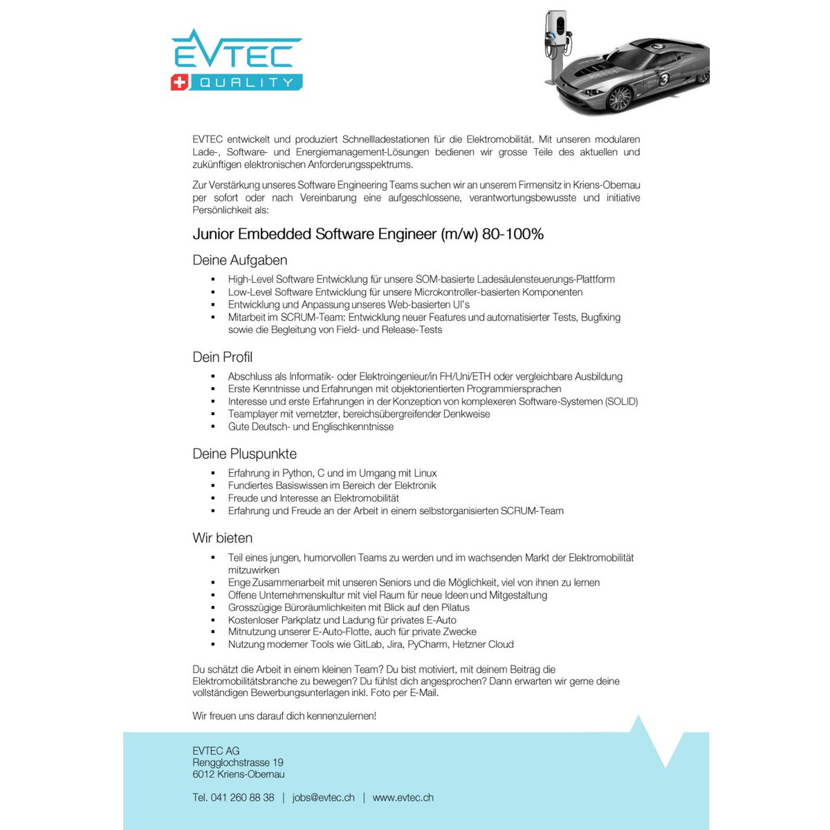 EVTECfastcharge's tweet image. 🚗🔌❤️ Lust in einem innovativen &amp;amp; zukunftsorientierten Unternehmen zu arbeiten? Wir suchen motivierte Teammitglieder:
- Senior Embedded Software Engineer
- Junior Embedded Software Engineer
- Software Developer
- Informatiker/in
- Elektroingenieur/in
evtec.ch/stellen
