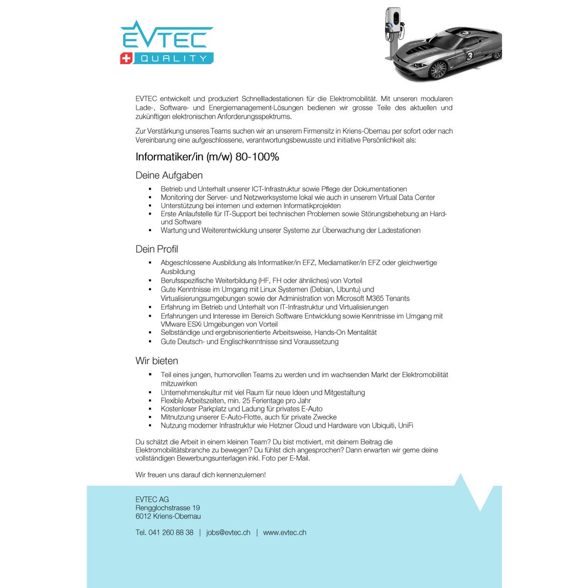 EVTECfastcharge's tweet image. 🚗🔌❤️ Lust in einem innovativen &amp;amp; zukunftsorientierten Unternehmen zu arbeiten? Wir suchen motivierte Teammitglieder:
- Senior Embedded Software Engineer
- Junior Embedded Software Engineer
- Software Developer
- Informatiker/in
- Elektroingenieur/in
evtec.ch/stellen