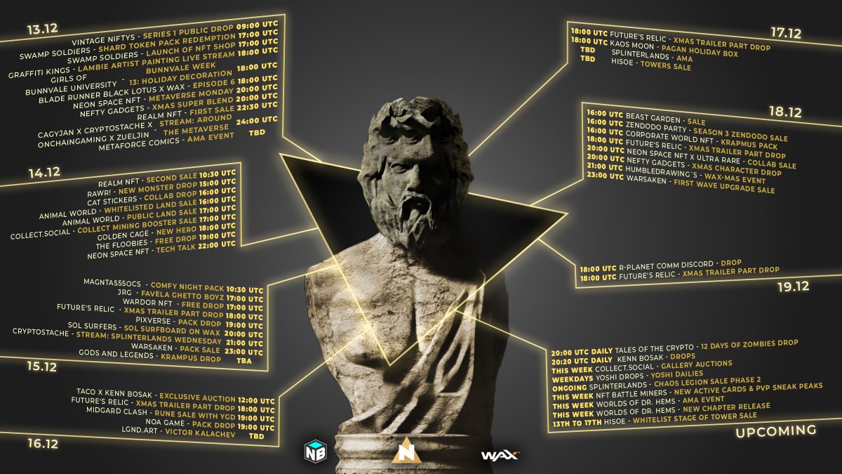🚨This week's schedule!!🚨

Check out the events, set your alarm, have fun!

━
⏰Event Reminder (GoogleCalendar &amp; Mail): nfthorizon.io
━
👥Comm. Channel of Brands: nfthorizon.io/december-13-de…
━
<a href="/WAX_io/">WAX</a> <a href="/neftyblocks/">NeftyBlocks</a>
#NFTs #NFTDROPS #NFTCommunity #NFTartists #nftcollector