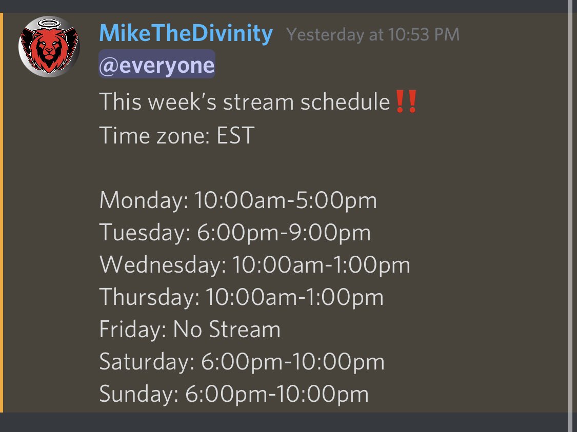 MikeTheDivinity's tweet photo. Here’s this weeks stream schedule Monday-Sunday‼️
You can always see our stream times on twitch or our discord server‼️ https://t.co/VKls3LVXBH