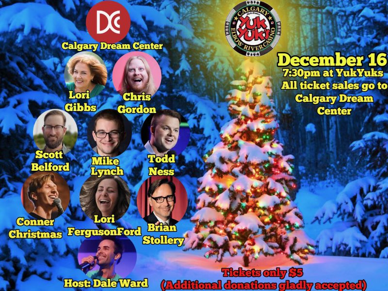Special event this Thursday. A brilliant bunch of comics will be on hand, with ticket sale proceeds donated to the Calgary Dream Center. Tickets are $5, but additional donations are welcome! Show is at 7:30 pm.
Get 🎟 at yukyuks.com, or 📞 403-258-2028.