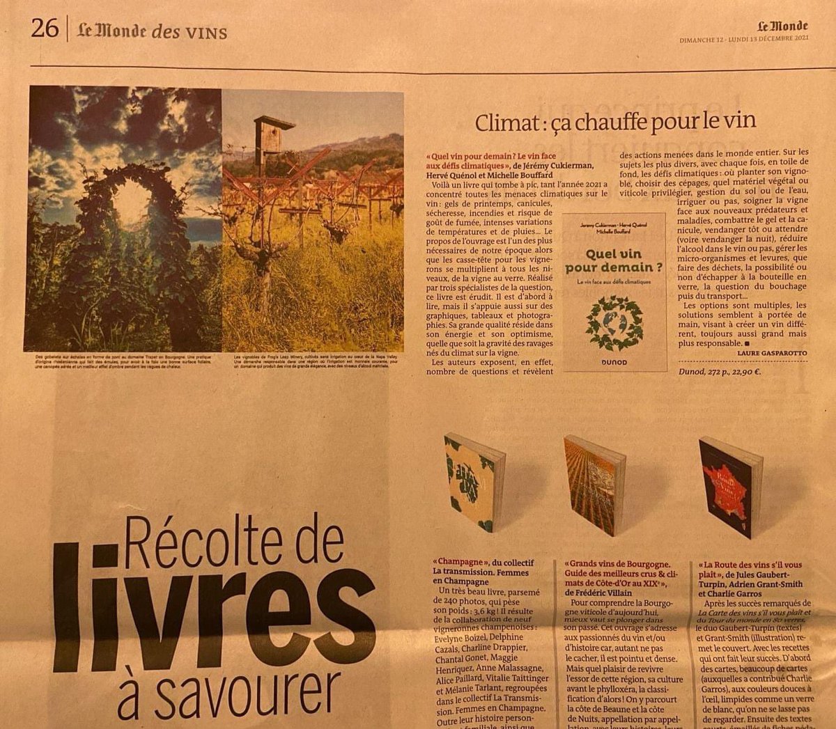 On parle de notre livre "Quel vin pour demain?" dans le journal <a href="/lemondefr/">Le Monde</a> . Merci Gasparotto Laure pour cette mention. Très touchée.

#quelvinpourdemain #Tastingclimatechange #climatechange