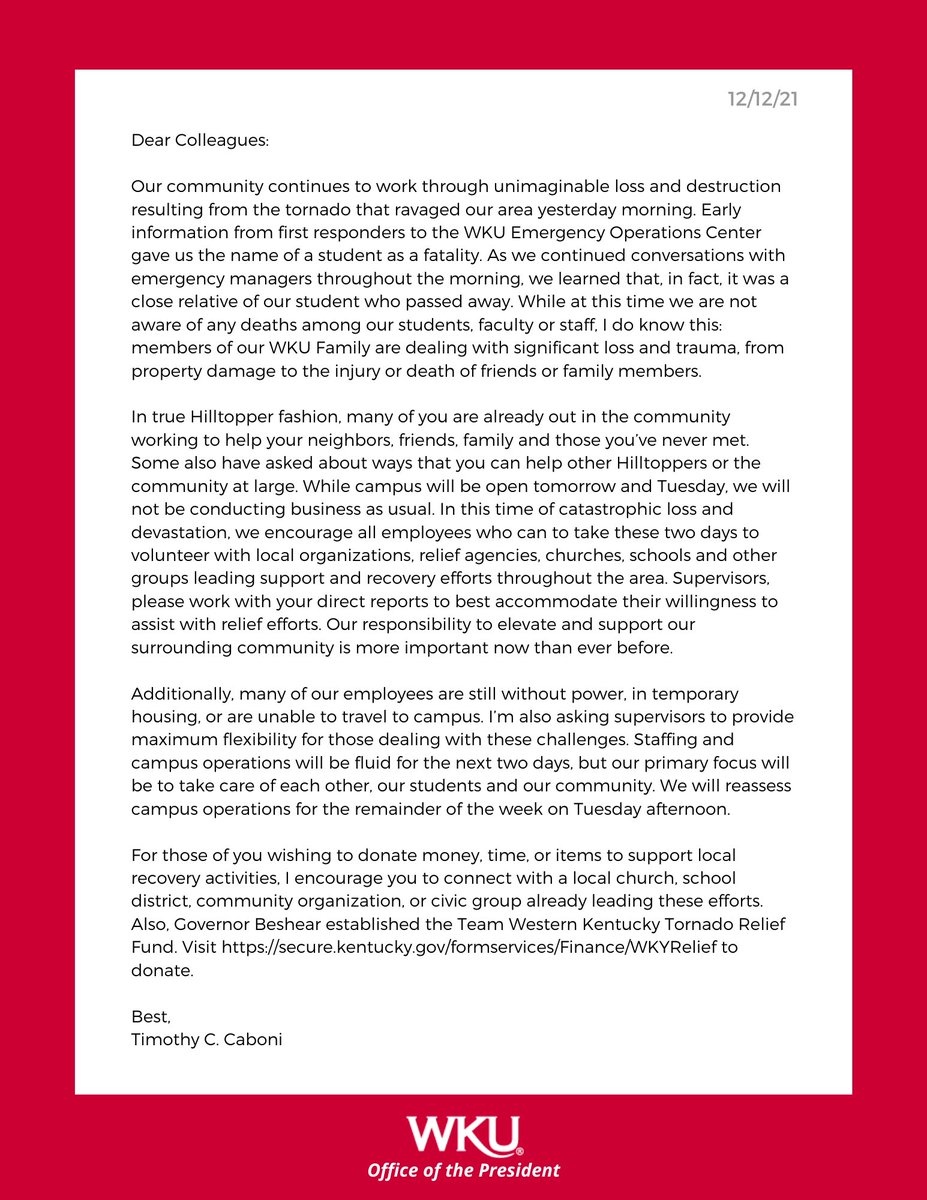President Timothy <a href="/Caboni/">Tim Caboni</a> ’s 12/12/21 email to the WKU Community: