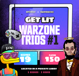 supducks's tweet photo. Sup! In honor of this festive time of year, how about a NFT HOLIDAY WARZONE TOURNAMENT?! A few communities have expressed interest in some rival gaming so we teamed up with one for some massive prizes, and are upping the stakes pitting you against some pros! https://t.co/lreAidraYC