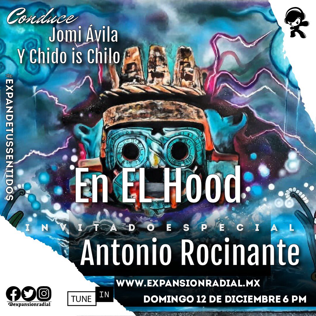 ExpansionRadial's tweet photo. Hoy #EnElHood mucho #HipHop y #graffiti con @Jomi_avila y #ChidoIsChilo #envivo
 #rap en español⚡️🎤 #radio 
🗓domingo 6pm #mex
▶️https://t.co/sdrsjzhDW9
Tune In &amp; Apple Music.
📲https://t.co/cOp2mLekKr
#ExpandeTusSentidos https://t.co/1gRts2nOQL