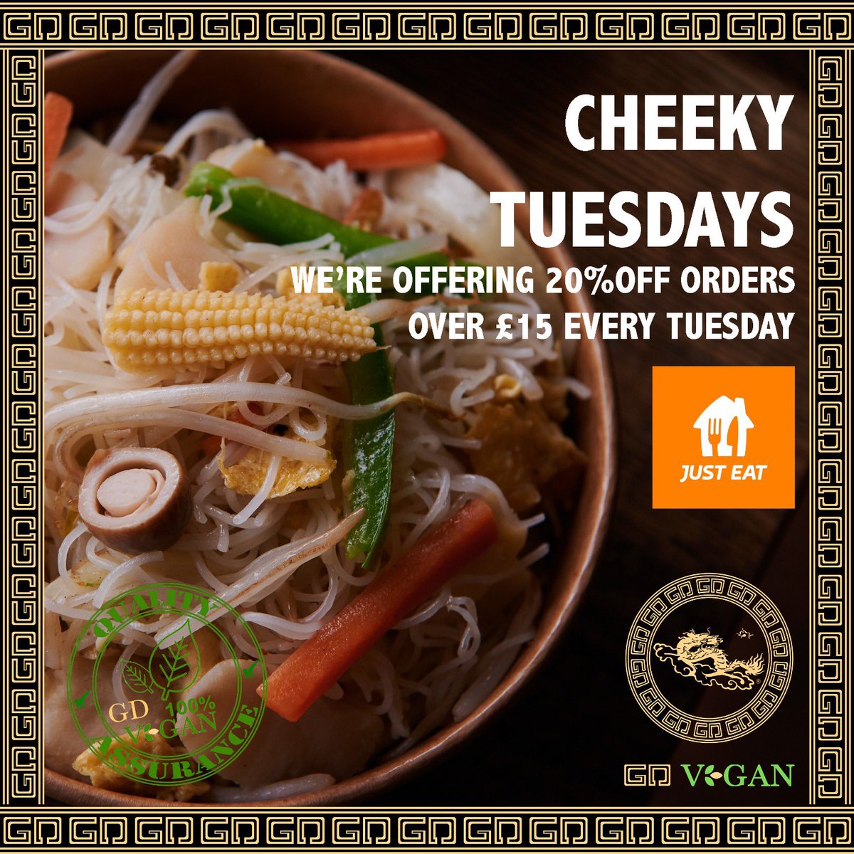 gdboxgroup's tweet photo. Don’t forget We are offering 20%OFF orders over £15 on @justeatuk every Tuesday!!!
#cheekytuesday #justeat #justeatuk #goldendragon #gdbox #offer https://t.co/IrObeoJs2a