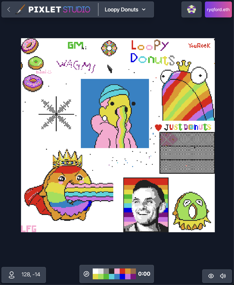 pixletstudio's tweet photo. @doodles and @FlyFrogsNFT communities have invaded the @Loopy_Donuts canvas!! :D https://t.co/ue6E232G1g