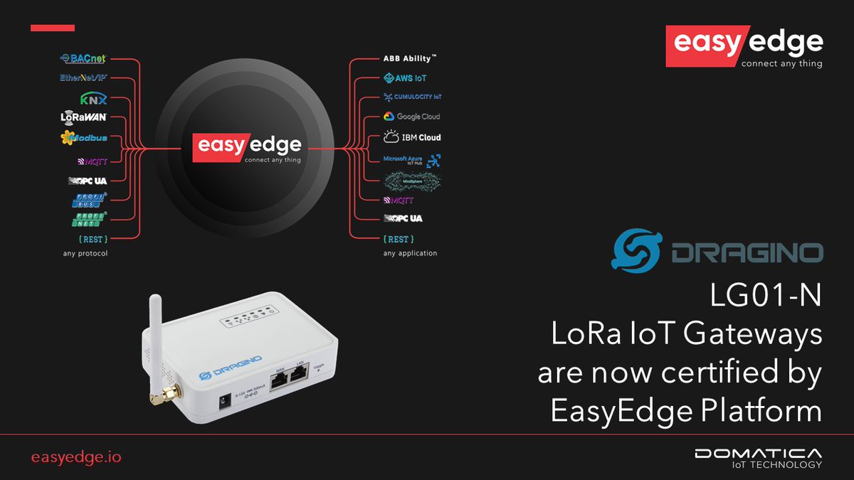 Domatica_IoT's tweet photo. Now you can connect #Dragino LG01-N #LoRa IoT Gateways to EasyEdge Platform and get a seamless integration between brownfield devices and IoT applications. https://t.co/reclJojCz2

#LoRaWAN #IIoT #IoT #NoCode #IoTPlatform #DigitalTransformation #EdgeComputing #IoTEdge #EasyEdge https://t.co/Fp3cRhsJS5