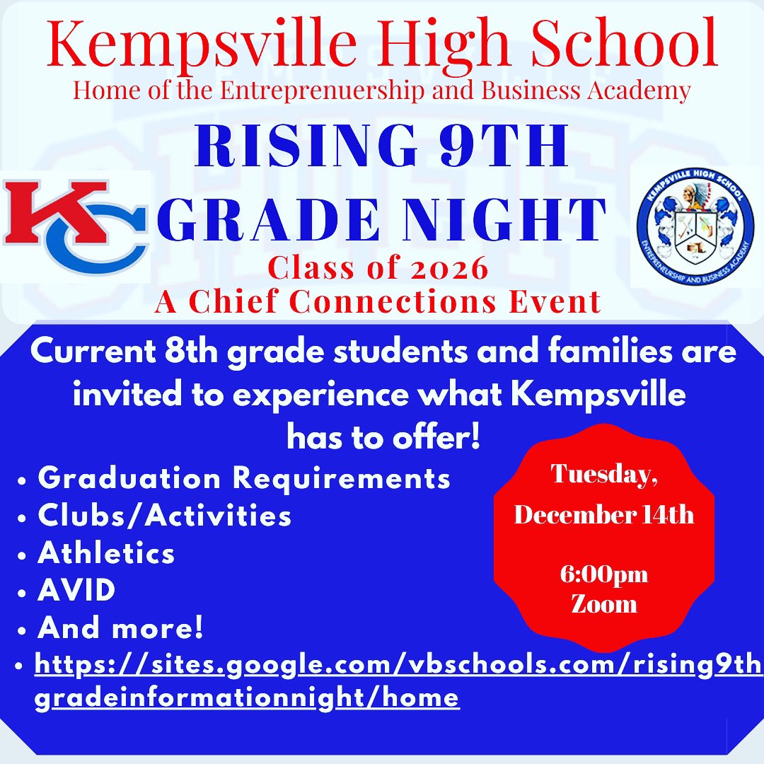 Come join us on December 14th at 6:00 p.m. for our live virtual Rising 9th Grade Night! We look forward to meeting our new Class of 2026 Chiefs!!