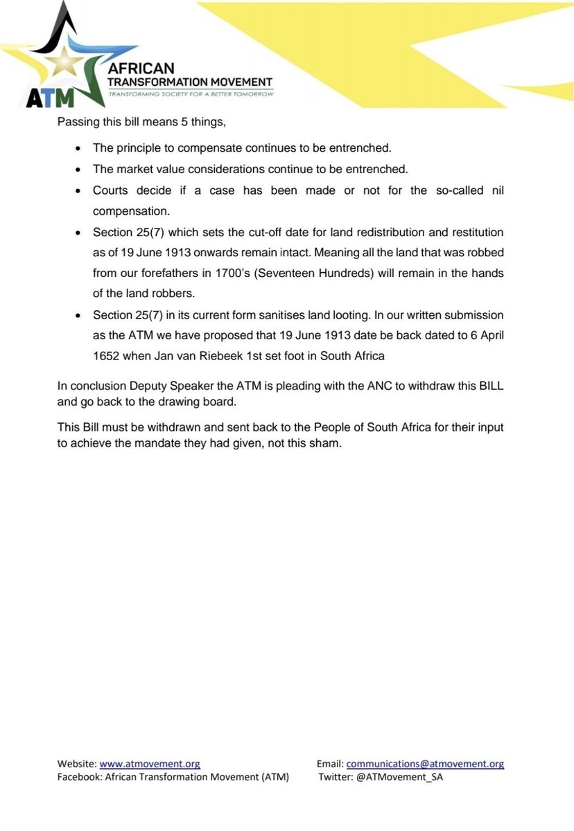 ATMovement_SA's tweet photo. ATM wants the cut of date for land redistribution and restitution to be back dated to 6 April 1652 when Jan Van Riebeeck first set foot in South Africa.
#18thConstitutionalAmendment https://t.co/id1w18vlI5