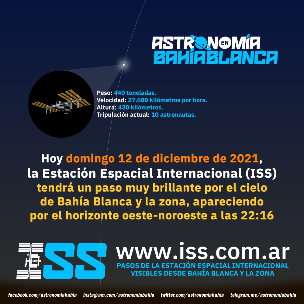astronomiabahia's tweet photo. Hoy tenemos un paso muy brillante de la @Space_Station (ISS) por el cielo de #BahíaBlanca y la zona. Para más información sobre los pasos visibles en los próximos diez días, te invitamos a visitar https://t.co/EbGq5oFF8j https://t.co/nkJOGLb9RP