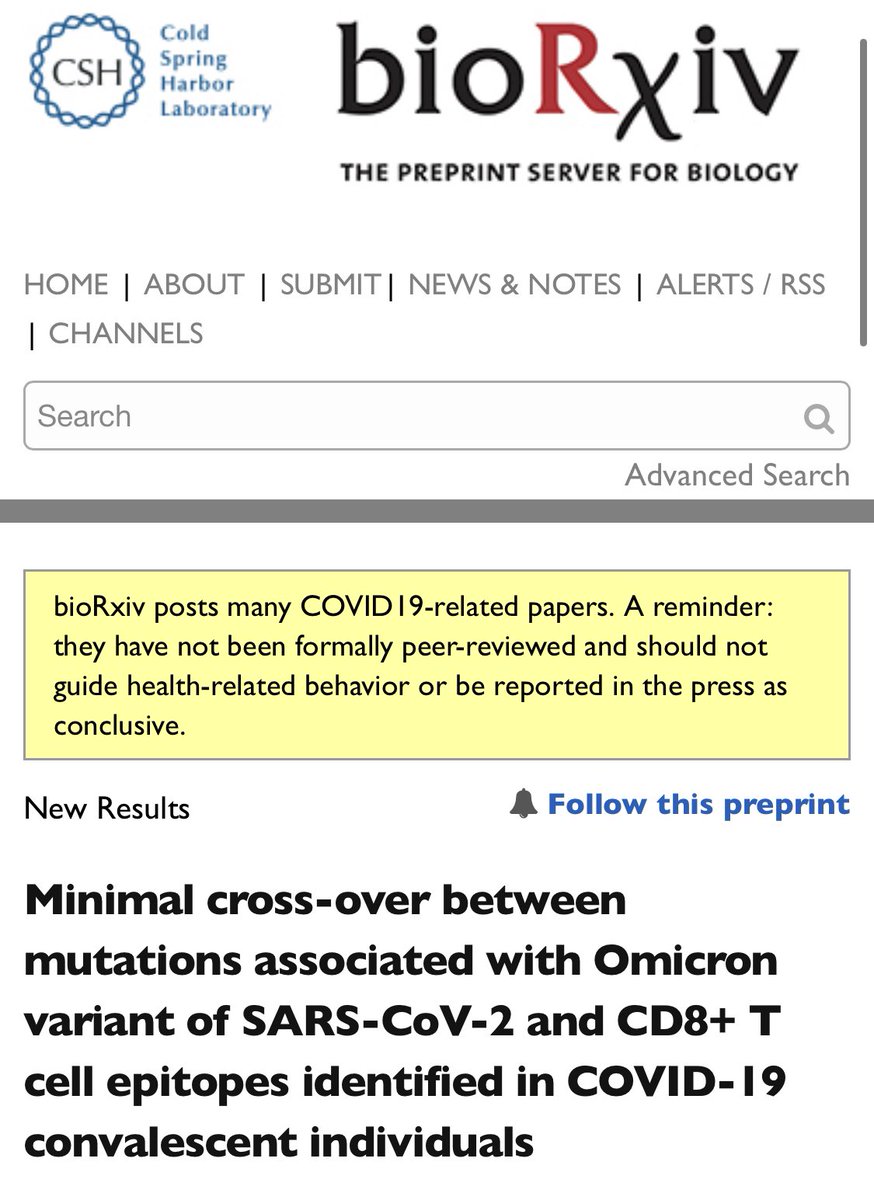 “These data suggest that virtually all individuals with existing anti-SARS-CoV-2 CD8+ T-cell responses should recognize the Omicron VOC, and that SARS-CoV-2 has not evolved extensive T-cell escape mutations at this time.” bioRxiv biorxiv.org/content/10.110…