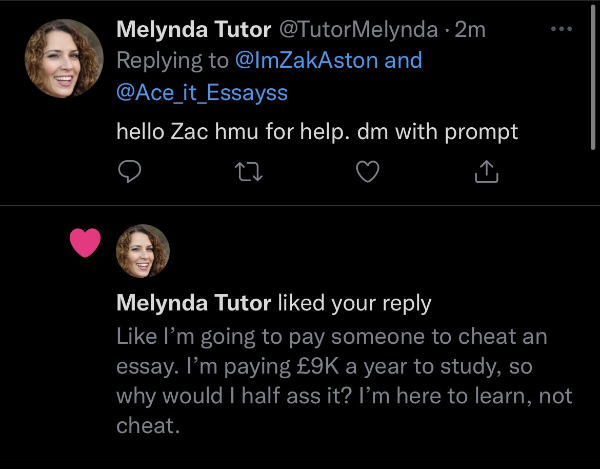 ImZakAston's tweet photo. *Someone has followed you*
Oh, another essay bot…
*then within seconds*

Hilarious 😂 https://t.co/aG9ZKN0kd1