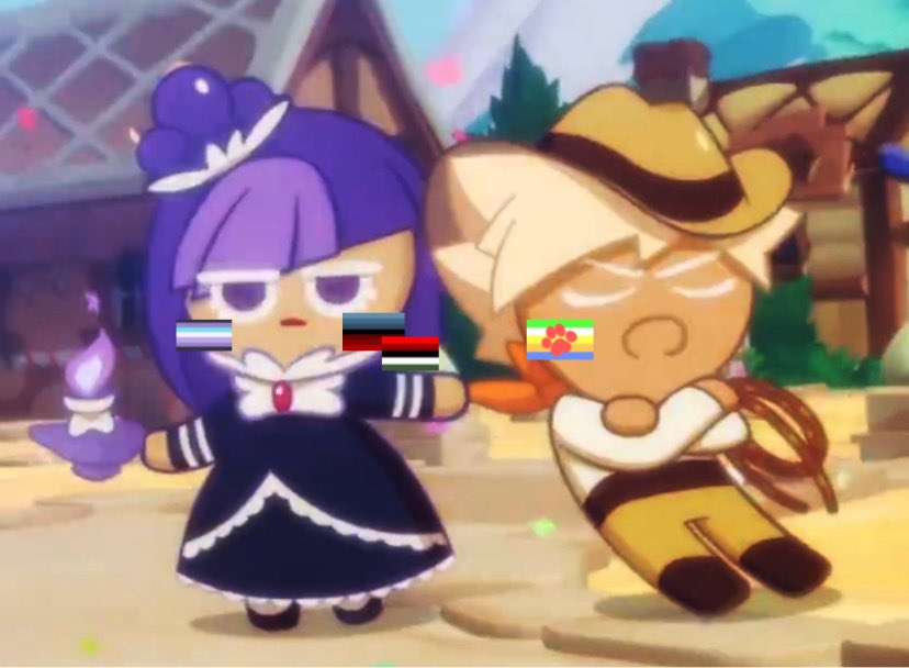 the first xenic couple OTD is Adventurer cookie x Blackberry cookie from Cookie Run!

Blackberry is horrorgender, ghostgender and goregender and goes by gore/ghost/she/they pronouns!

Adventurer is pupgender and goes by he/pup/xe pronouns!