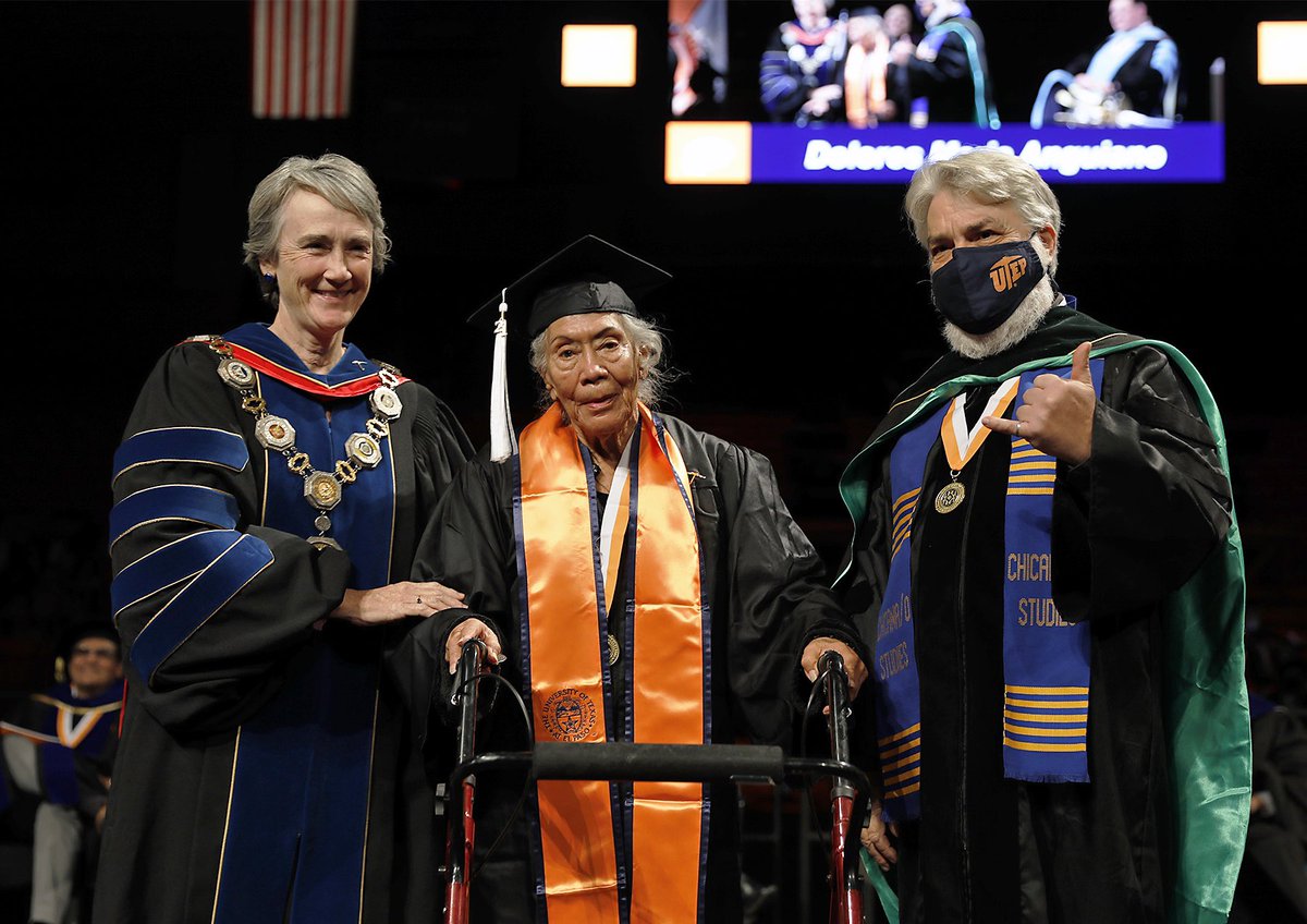 There is no one who has waited longer to cross this stage than Dolores Anguiano. Dolores is 86 years young and will celebrate earning her bachelor’s degree this afternoon. She wants all the students to know that it doesn’t matter how old you are. Do not give up, just go for it.