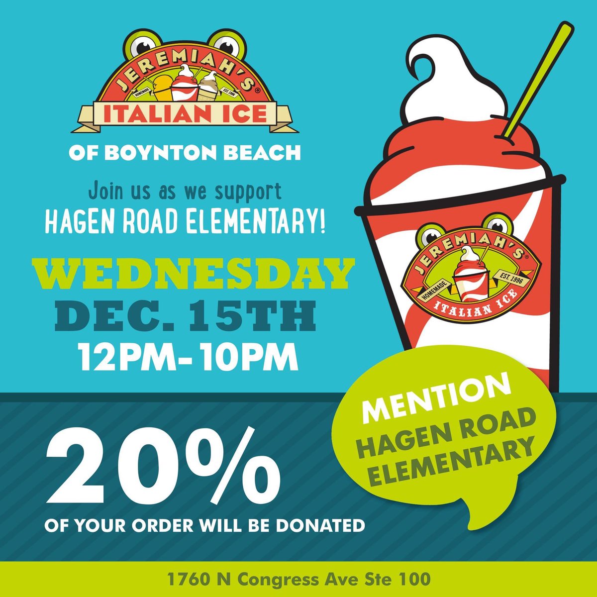 HagenRoad's tweet photo. Don’t miss out this Wednesday - December Spirit Night ALL DAY!!!! 
Mention Hagen on your order and they will give 20% back to the school. @HagenRoadPTA @PBSCD
@SouthPBCSD @SoftballMommy11 https://t.co/FTeecOFErj