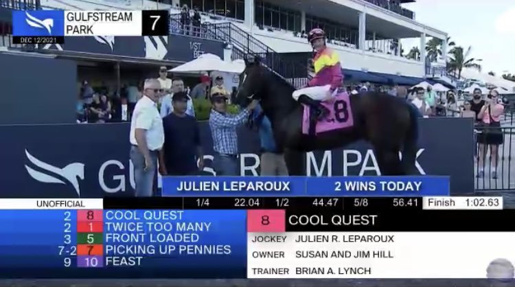 FrankLyonsG's tweet photo. Riding double for @JulienLeparoux today @GulfstreamPark. Congrats to all of the winning connections involved with Askew and Cool Quest. https://t.co/2glpQPYj4f