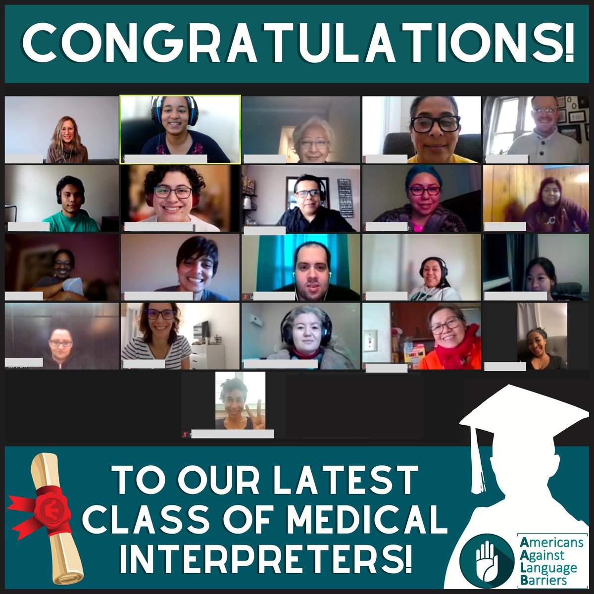 Congratulations to our latest group of medical interpreters! Learn more about our medical interpreter certificate on our website: AALB.org/apply. Pictured is 1 of 5 classes that have completed their training in December.

#medicalinterpreter #languagebarriers #nonprofit