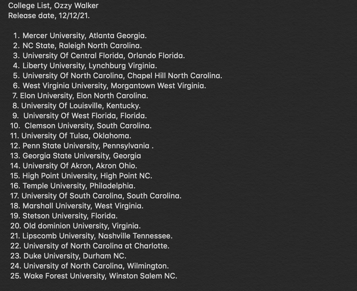 ozzywalkerr's tweet photo. 12/12/21, My college shortlist is listed down below consisting of my top 25 colleges ranked 1-25.

#OW19 https://t.co/mpB8is58fe
