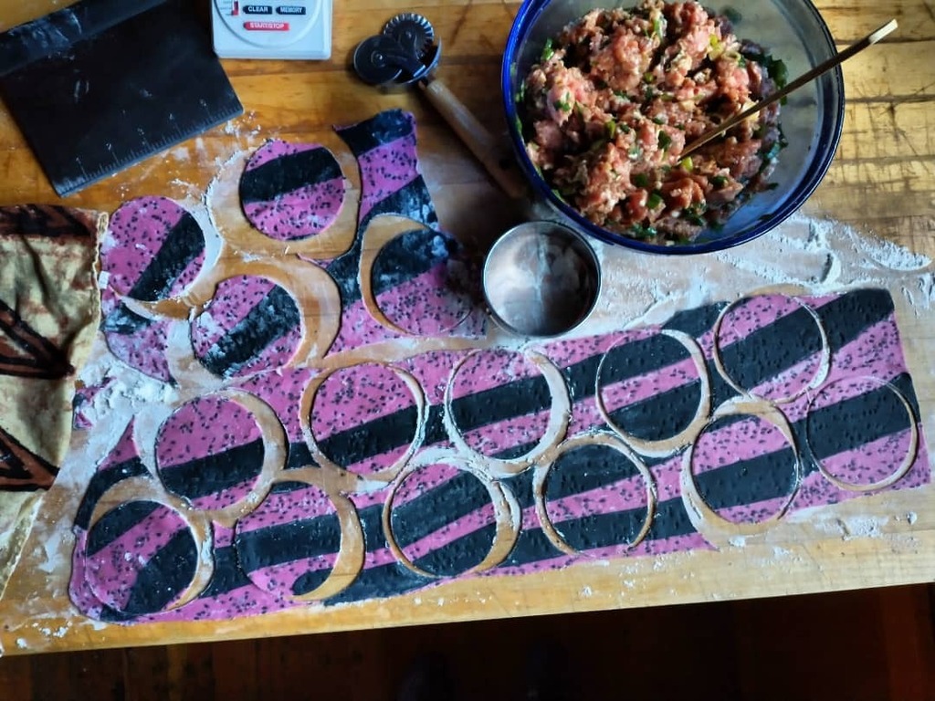 foodloverPDX's tweet photo. Gearing up for the holidays so making a batch of #dumplingsequallove @sasquatchbooks pork shumai to freeze for future fun. So good. These ones have dragon fruit/black sesame + charcoal skins. Btw I have an art skins π₯π₯π₯ gallery up on my website with β¦ https://t.co/VQLgPyaqdV https://t.co/7QPKjS1i5u