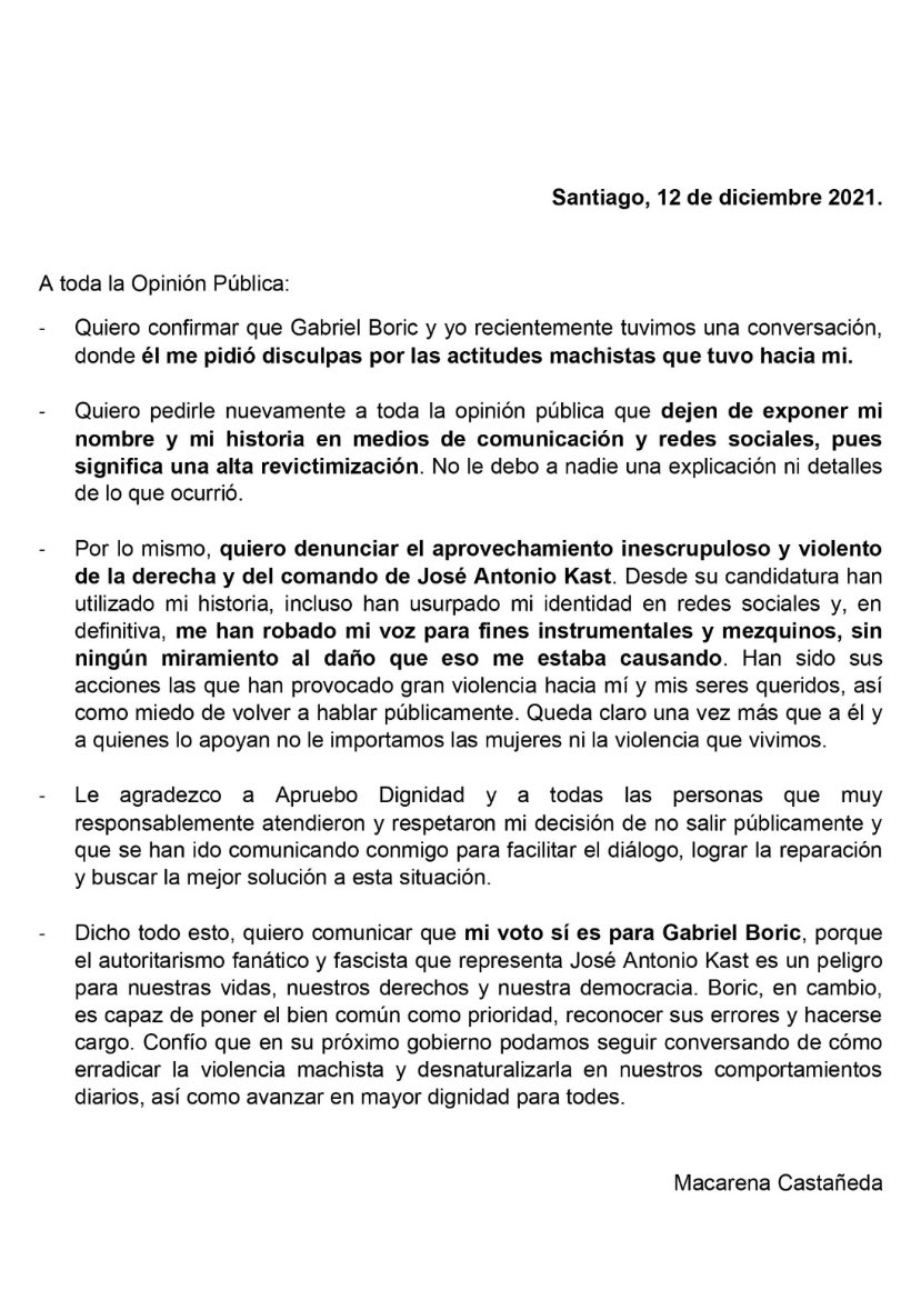 PazQuinteros2's tweet image. Carta de Macarena Castañeda planteando que vota por @gabrielboric