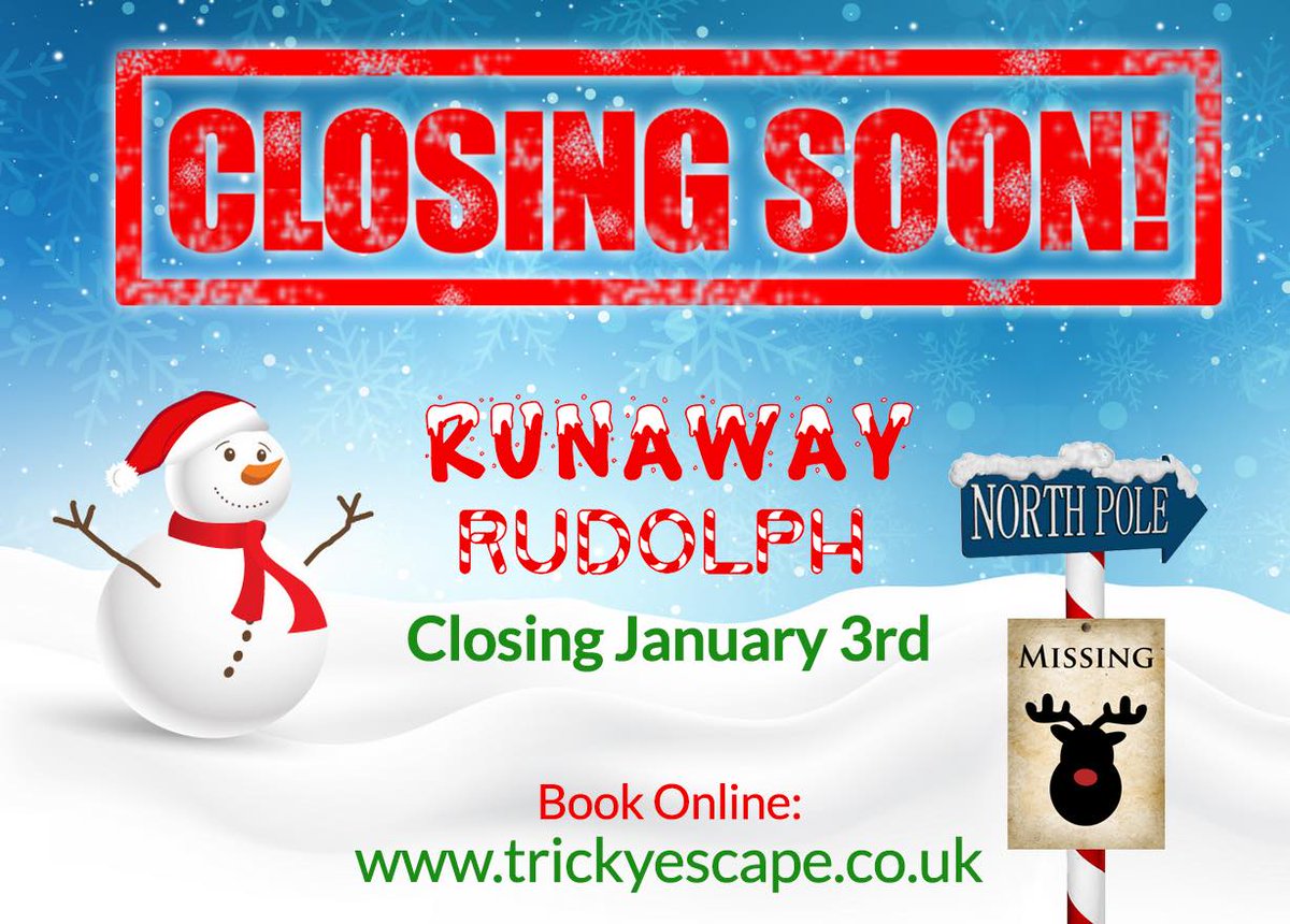 CluetopiaRooms's tweet photo. ONLY 3 WEEKS LEFT TO GO BEFORE RUNAWAY RUDOLPH CLOSES FOREVER!!! Book now before it's too late, Christmas needs saving!!! 🎅‍🎄🎁 https://t.co/7UDJYzPrqW