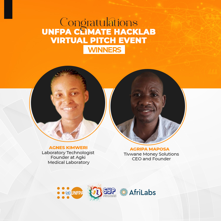 UNFPA_SYP's tweet photo. We are proud to announce the two #winners from the UNFPA #ClimateHacklab Final Pitch Event, Agnes Kimweri & Agripa Maposa!
#Congratulations to the winners and to all participants of the event!
#ClimateActionNow #FutureLeaders #Youth4TheFuture https://t.co/zev9q3vpJn