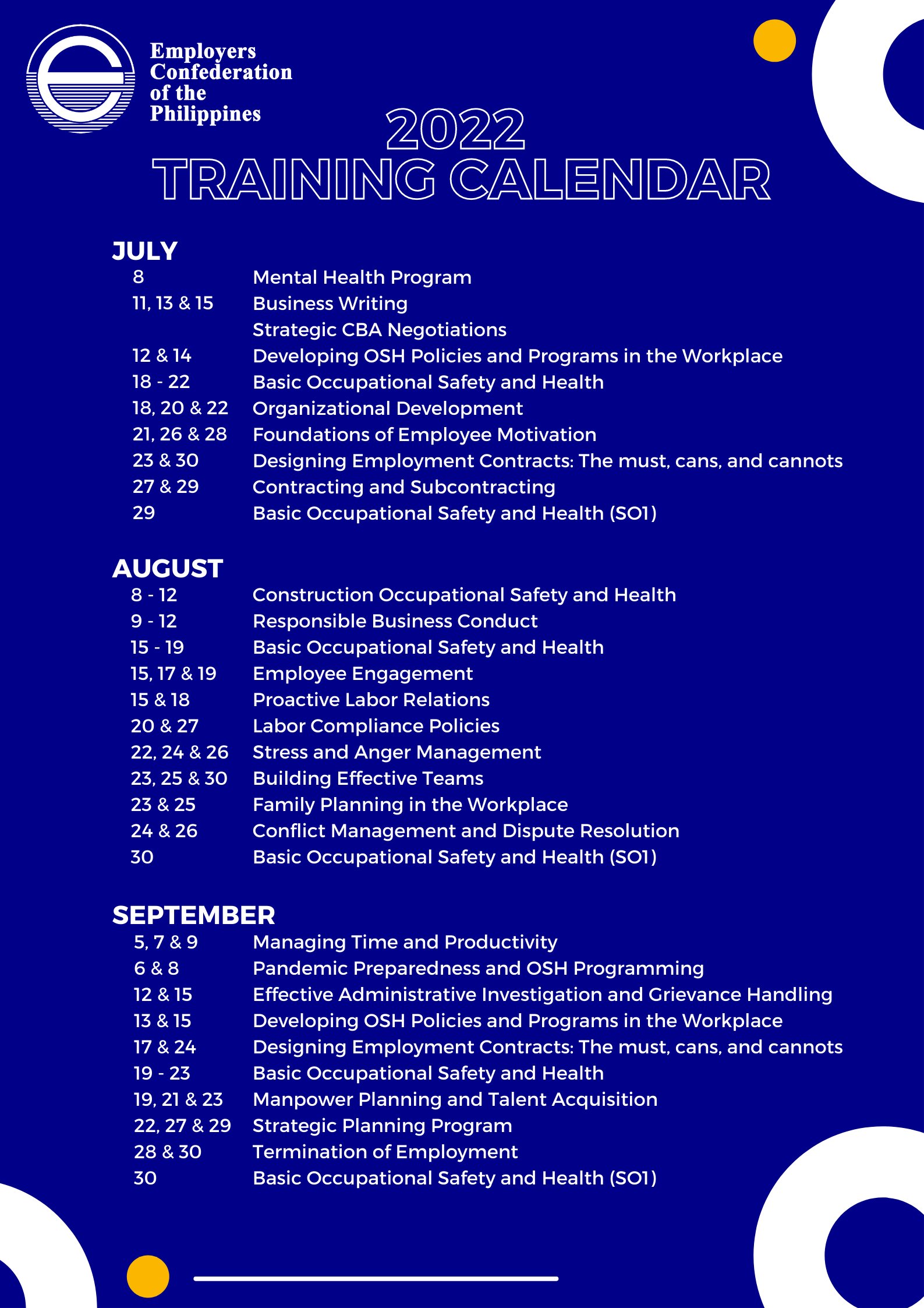 Employers Confederation Of The Philippines Ecop Heads Up Mga Ka Ecop Gear Up And Browse Through Our 22 Training Calendar To Boost Your Organization S Development Productivity And Culture For More Information