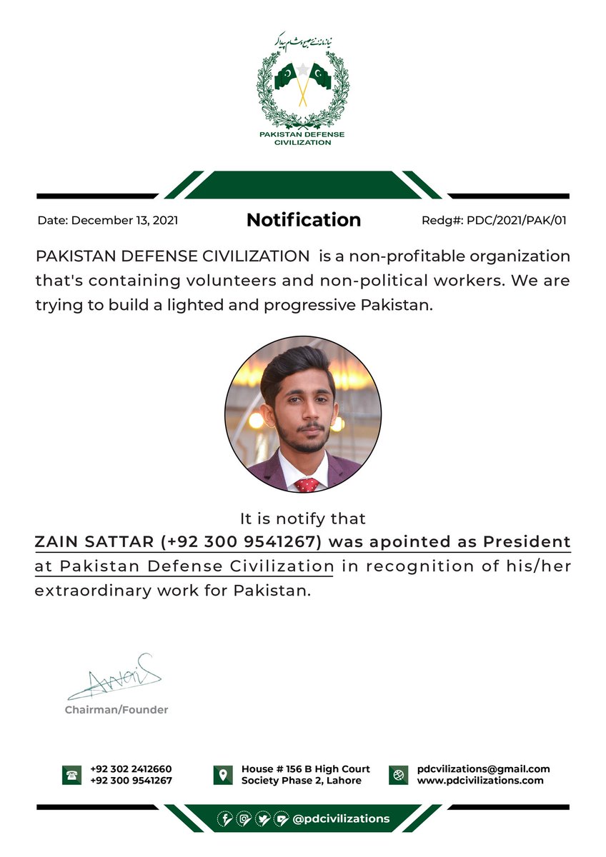 Pdcivilizations's tweet photo. The young talent of Pakistan who going to serve this nation through his organization Pakistan Defense Civilization. Best of luck to this guy and to his spirit Proudly announced ZAIN SATTAR President of Pakistan Defense Civilization 🥰❤️
#pdcivilizations
#PakistanZindabad
#PakArmy https://t.co/6APT39WDzP