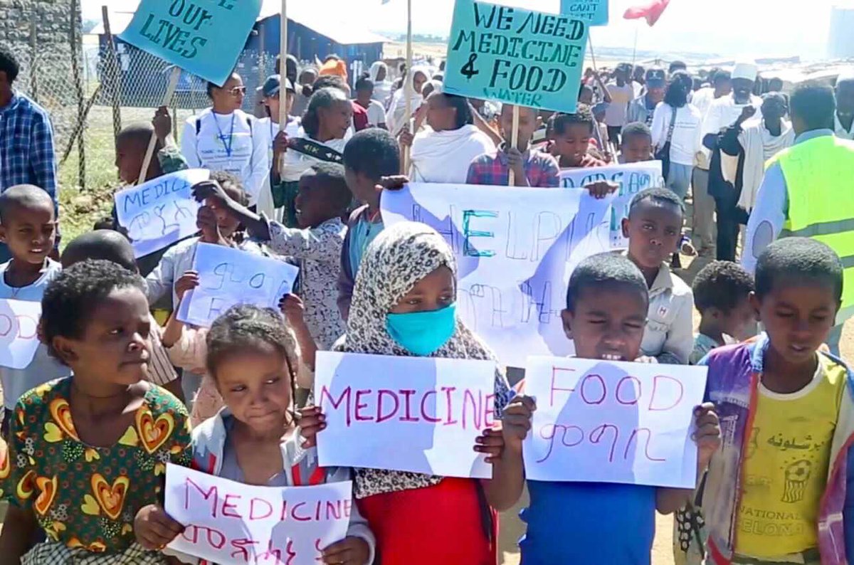 steve_hanke's tweet photo. Children in Tigray staged a protest against PM Ahmed’s war, holding signs that pleaded for much-needed medication &amp; for the end of the conflict. Take a look. Photo: @SIMON_TE https://t.co/Qj1lJebHkn