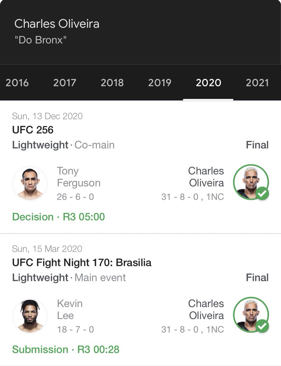 Imagine it’s 2017 right after The Paul Felder loss and someone tells you Charles Oliveria is going to beat both participants of the Interim title fight and Dustin Poirier https://t.co/zLs8d2vEjn