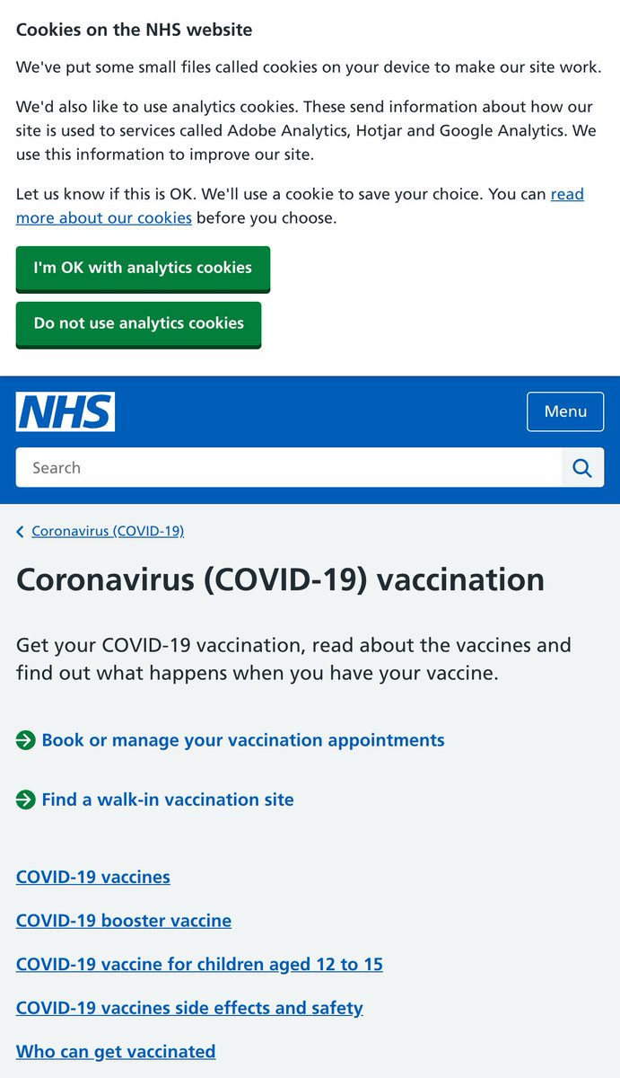 TheRealNooshu's tweet photo. There's never been a more important time to have a fast and accessible COVID vaccination booking page, it's literally saving lives. Thankfully Team NHS are already on the ball! 👏👏👏

As always the cookie banner really breaks the CLS score 😭

#webperf #perfReallyReallyMatters https://t.co/QBYTjNJzB3