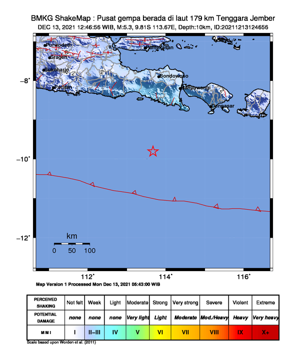 infoBMKG's tweet photo. #Gempa Mag:5.3, 13-Des-21 12:46:56 WIB, Lok:9.81 LS, 113.67 BT (Pusat gempa berada di laut 179 km Tenggara Jember), Kedlmn:10 Km Dirasakan (MMI) III Kuta, II Denpasar, II Kuta Utara, II Karangasem, II Pacitan, II Trenggalek, II Lumajang #BMKG https://t.co/68ndTL8X58