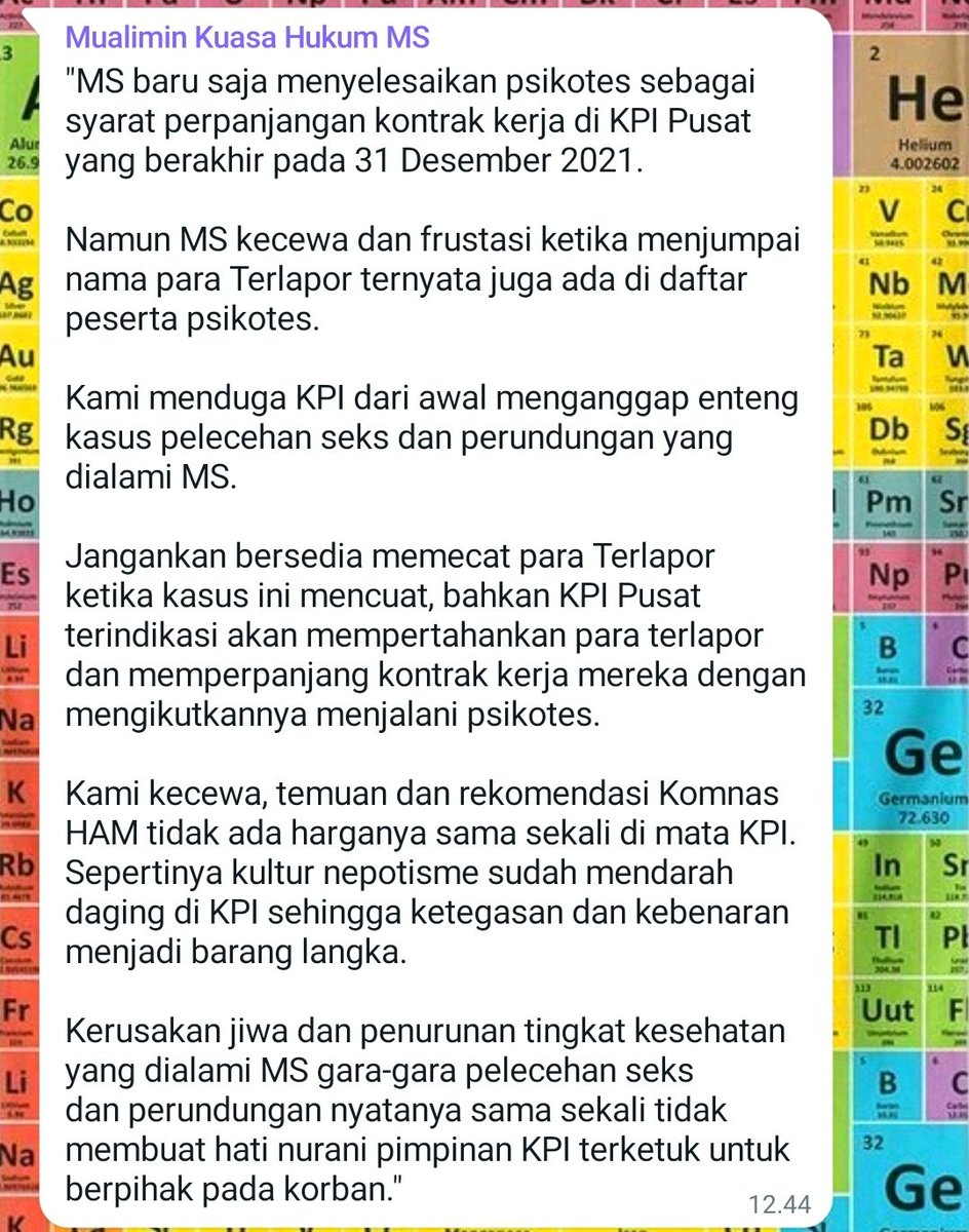 Update kasus bully dan pelecehan di KPI
Para terduga pelaku diperpanjang kontrak kerja oleh <a href="/KPI_Pusat/">Komisi Penyiaran Indonesia</a>. Kalau KPI mikirnya orang pada lupa, gak pantau kasus lalu bisa colong manuver penanganan kasus, kalian salah besar. Kenapa terduga pelaku terkesan terus dilindungi <a href="/KPI_Pusat/">Komisi Penyiaran Indonesia</a>?