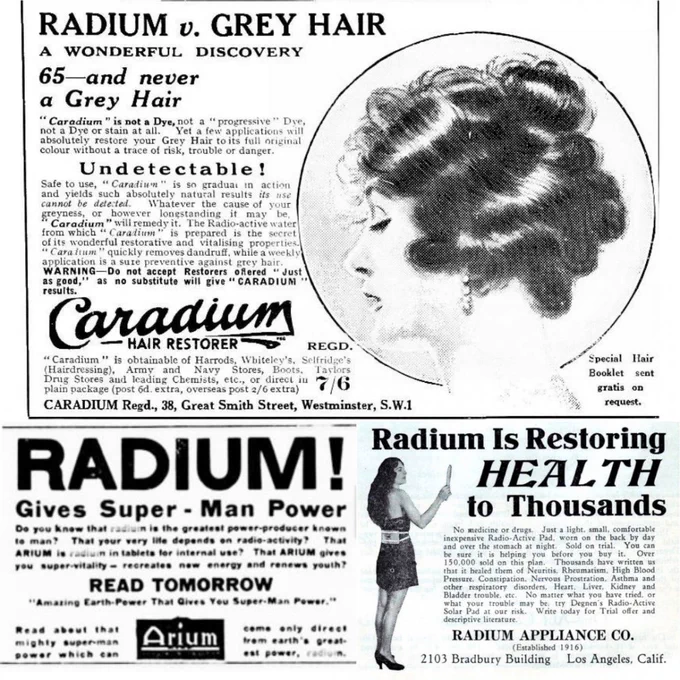 the 20s-30s obsession with radium was basically the atomic age on steroids, they were putting (or lying about putting, it was an expensive commodity) radium into EVERYTHING and rich people who could afford the real shit were eating that snake-oil up and dying horrifically 