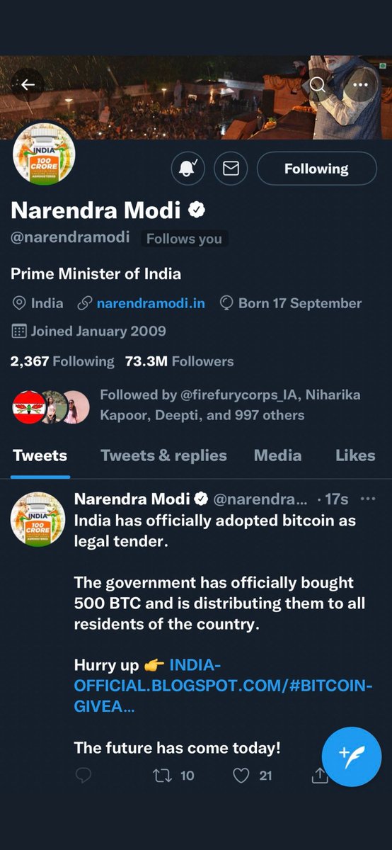 Kritikaakp's tweet photo. जब HACKERS मोदी जी के ट्विटर अकाउंट से BITCOIN बेंच रहे थे
तब चौकिदार कहाँ था??
जो ना अपना रिश्ता बचा पाए और ना ही अपना अकाउंट वो क्या देश बचाएगा?? #PrimeMinister #ModiAccountHacked #NarendraModi #ModiTwitter #Andhbhakt https://t.co/wzdslSdzYL