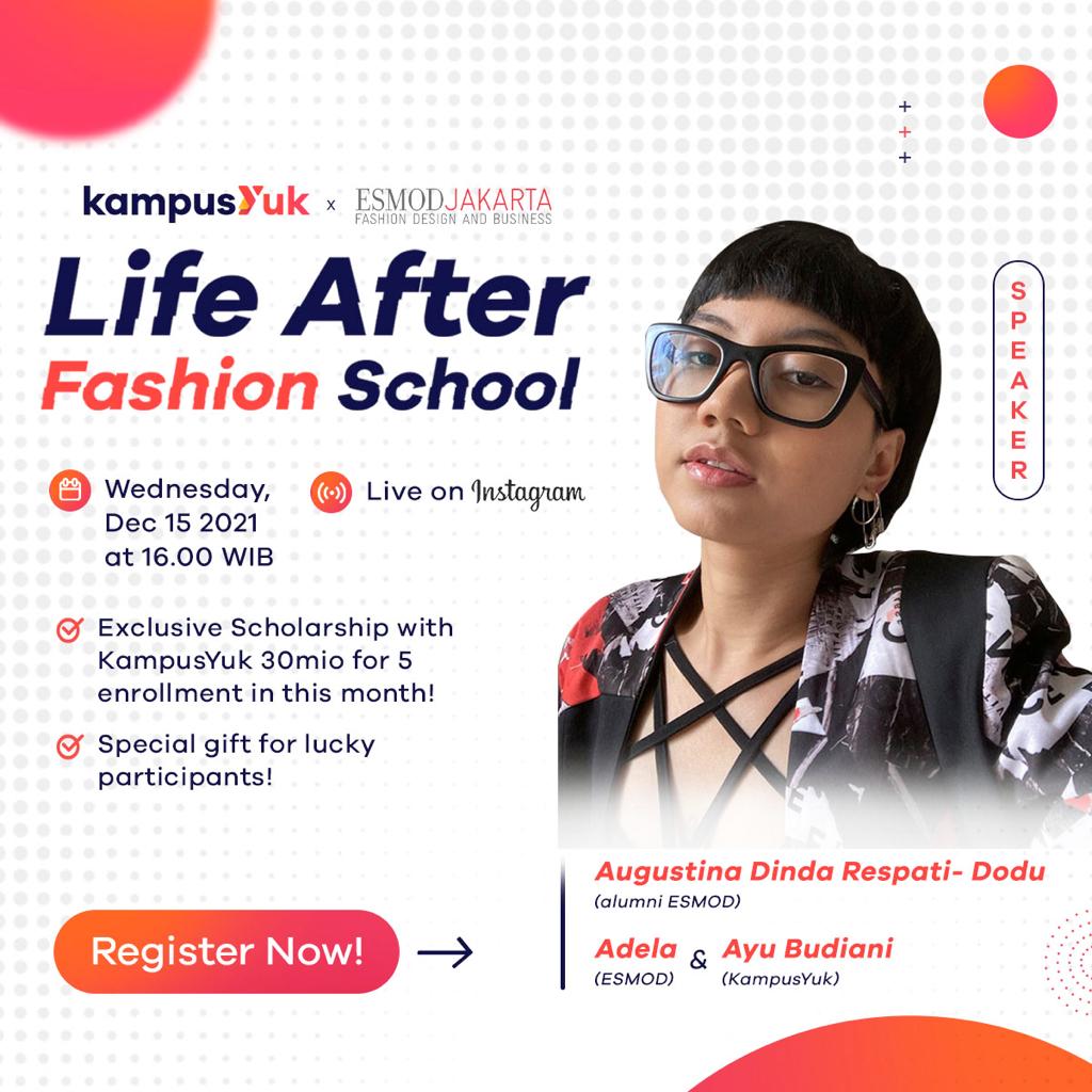 kampus_yuk's tweet photo. Want to know about the opportunities you can explore after fashion school? Join us on IG live with @ESMODjakarta  and Dinda @Dindadodu will speak about what you need to know in fashion industry. 

Wednesday, Dec 15th 2021 at 4 pm (GMAT+07) 
-
Register:
https://t.co/7PeaiAsVdh https://t.co/WbRexDRud5