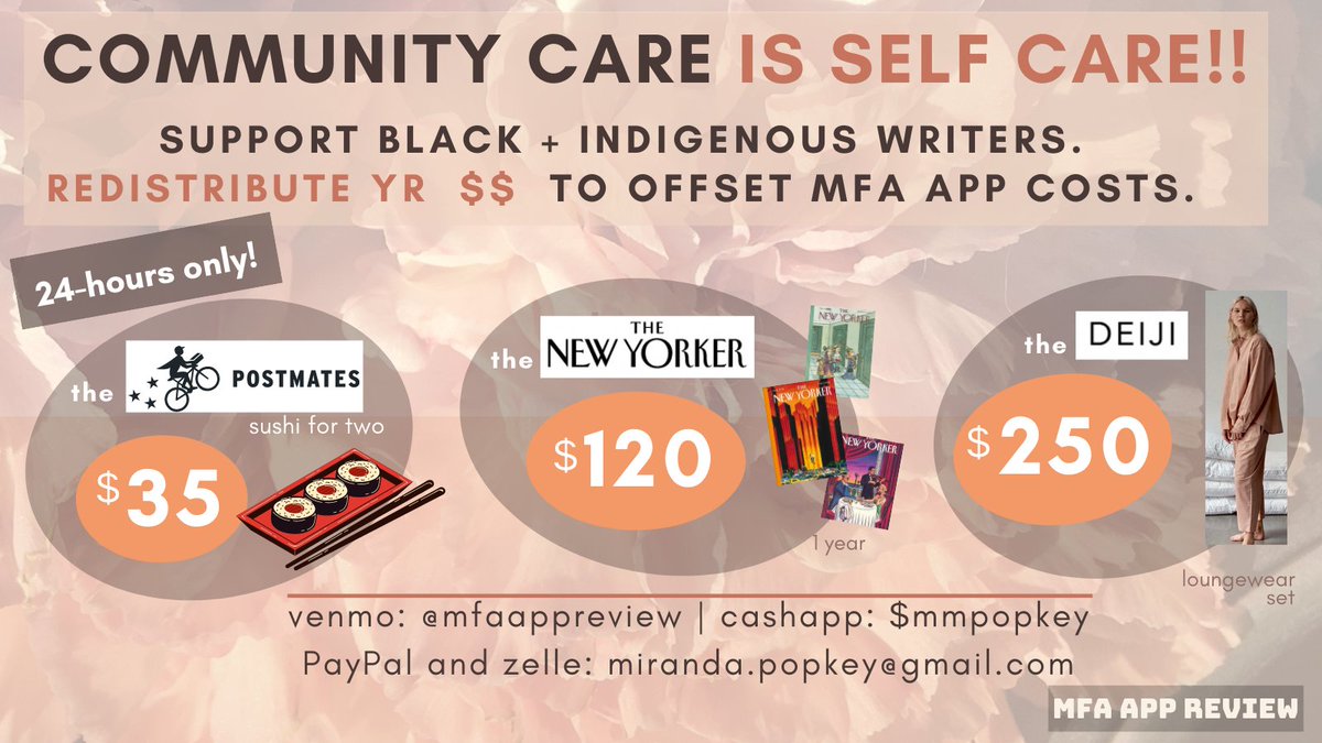 MfaApp's tweet image. Applying to MFAs is EXPENSIVE! Being exhausted is ALSO expensive. Send some $$ support in the next 24 hrs to offset application costs for Black + Indigenous writers. Redistributing wealth is good for u. Deets in the image and description.