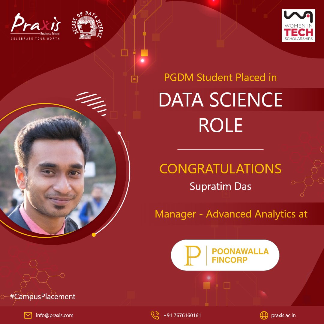 Praxis_Tweets's tweet photo. We are super excited to share that #PraxisBusinessSchool #PGDM student Supratim Das, Class of 2022, bags #DataSciencerole as Manager - Advanced Analytics at Poonawalla Fincorp through our campus placement! We are so proud of you, Supratim! https://t.co/UuSLvanRlu